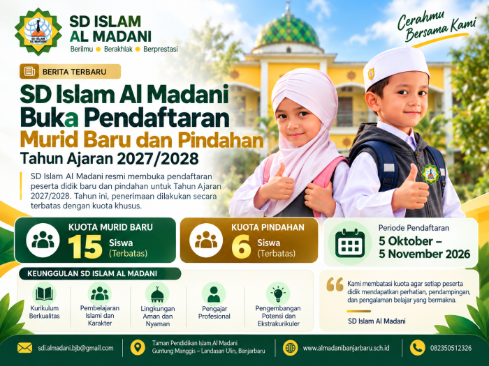 SD Islam Al Madani Buka SPMB 2027/2028, Kuota Terbatas 15 Murid Baru dan 6 Murid Pindahan