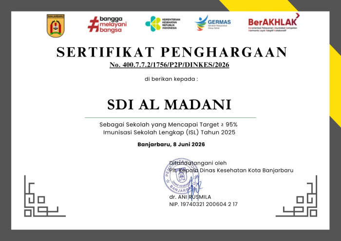 Komitmen Jaga Kesehatan Siswa, SDI Al Madani Raih Penghargaan Imunisasi Sekolah Lengkap (ISL) dari Dinas Kesehatan Banjarbaru